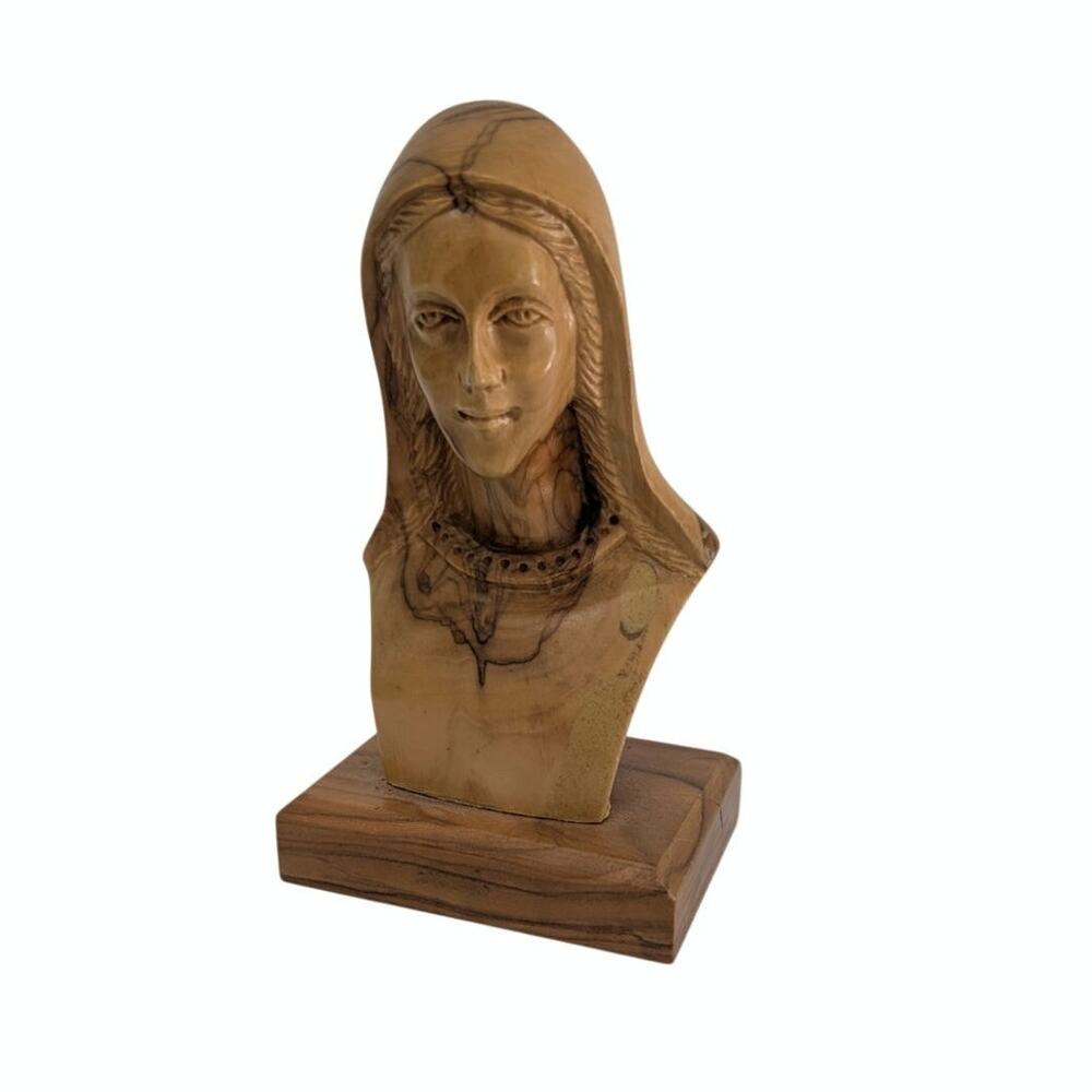 5.25" Hand-Carved Olive Wood Bust Virgin Mary vintage Bethlehem Holy Land